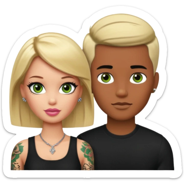 Brown skin blonde hair brown eyed barbie with her pale boyfriend with black short hair and green eyes with tattoos sticker