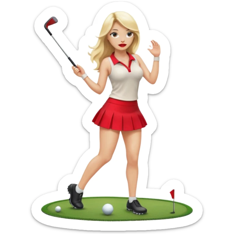Sexy blond female. Long hair. Red lips. Big boobs. Naked boobs. Short skirt. Playing golf. Sexy pose. Topless. Naked . No clothes  sticker