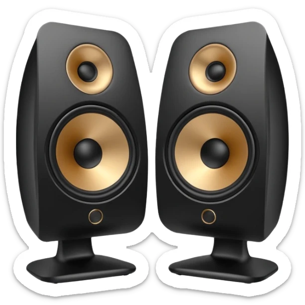 pair of big speakers emoji, deep matte black metal body, circular speaker cones with subtle depth, smooth rounded edges, minimalistic futuristic 3D style, luxury aesthetic sticker