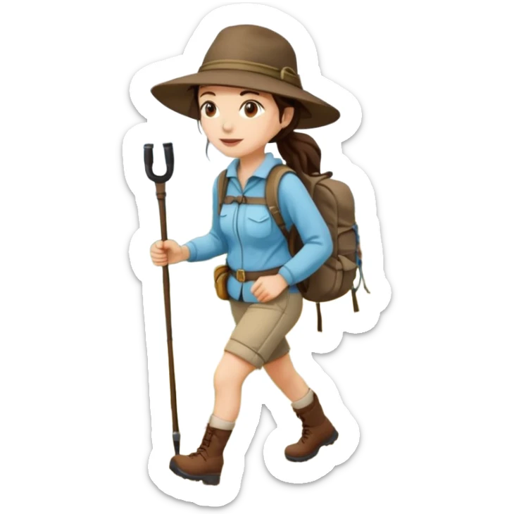 White women, long dark brown hair in ponytail with wide brim hiking hat. Walking with backpack and trekking poles.  She is a pilgrim on the Camino Frances on her way to Santiago de Compostela sticker