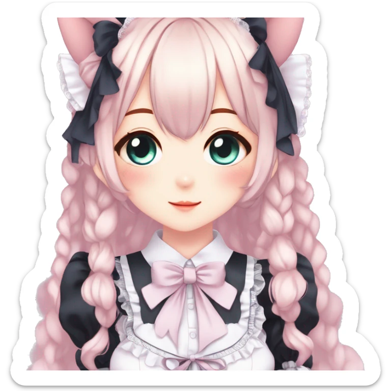Gorgeous anime style catgirl with blushing face with maid outfit laces gothic Lolita idol model kawaiicore pastelcore cottagecore pearly petite simplistic aesthetic trending style sticker