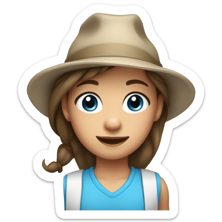 9 year old girl brown hair in a pony tail blue eyes and shirt and hat and silver earrings sticker