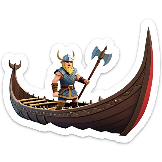 clash-of-clans-aesthetic_-cinematic-viking-longboat, rendered in a flat, bold vector style with minimal shading, featuring a striking dragon-headed prow slicing through icy, churning waters. shields on the side and vikings rowing The longboat’s intricately detailed shields and carved motifs evoke a sense of epic adventure and Nordic might, with billowing sails catching a dramatic, stormy sky backdrop. sticker