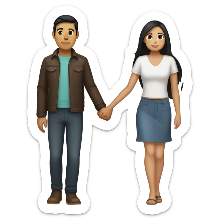 a couple holding hands. the guy has black middle part hair and is Persian and Filipino mix, wearing a jacket. the girl has brown hair white and asian mix, wearing a crop top. sticker