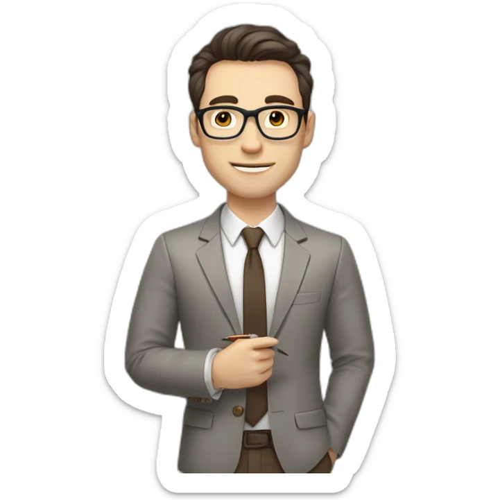 Pale skinned fit man with dark brown hair in gray jacket, beige office shirt, brown tie, brown pants and vintage glasses Writing text on a marker board sticker