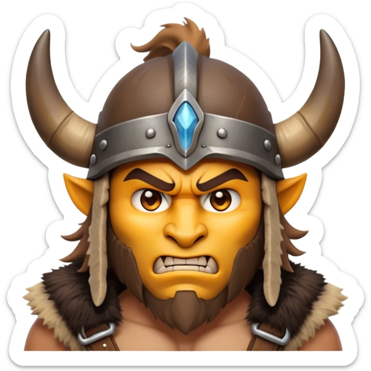 Clash of Clans aesthetic: Cinematic Fierce Barbarian Portrait Emoji, Poised and bold with a rugged yet cartoonish build in tattered furs and a horned helmet, his face rendered in a natural skin tone (not yellow), expressive bright eyes and a confident smirk, Simplified yet dynamic features, highly detailed, glowing with a vivid, adventurous aura, high shine, heroic and spirited, stylized with an air of medieval warrior charm, focused and energetic, soft glowing outline, capturing the essence of a fearless barbarian adventurer ready to lead his clan with spirited valor! sticker