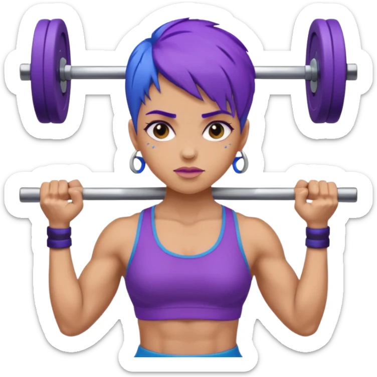 weight lift woman short blue purple har muscles bar is not growing from head sticker