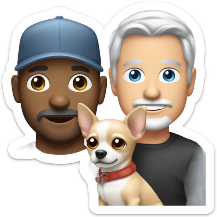 blue eyed man with gray hair and goatee wearing ball cap holding chihuahua with long black hair sticker