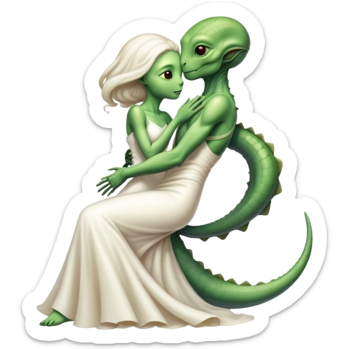 Alien reptilian woman in white dress hugs and kissing "white male human man" sticker