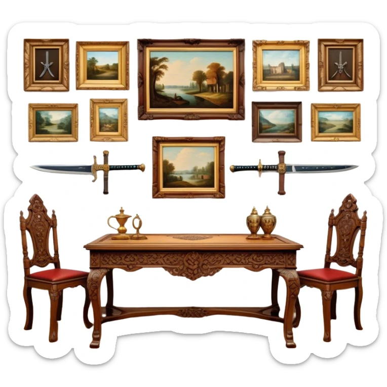Icon for Antiques Collecting: vintage intricately carved furniture, famous paintings, antique swords, and rifles. The items are displayed on a wooden table or shelf. The icon should evoke the rich history and craftsmanship of antique collecting. Transparent background. sticker
