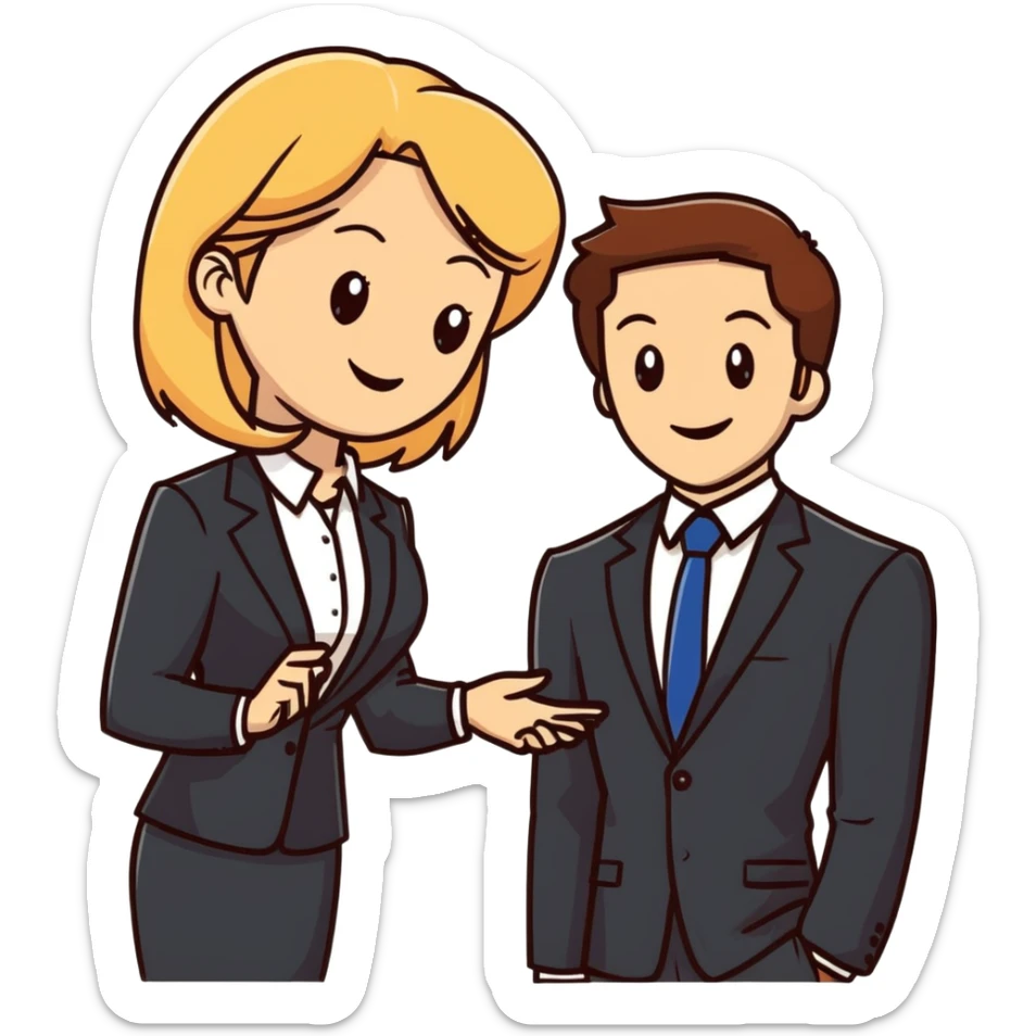 blonde woman in business suit talking to smiling brown-haired man in white shirt sticker