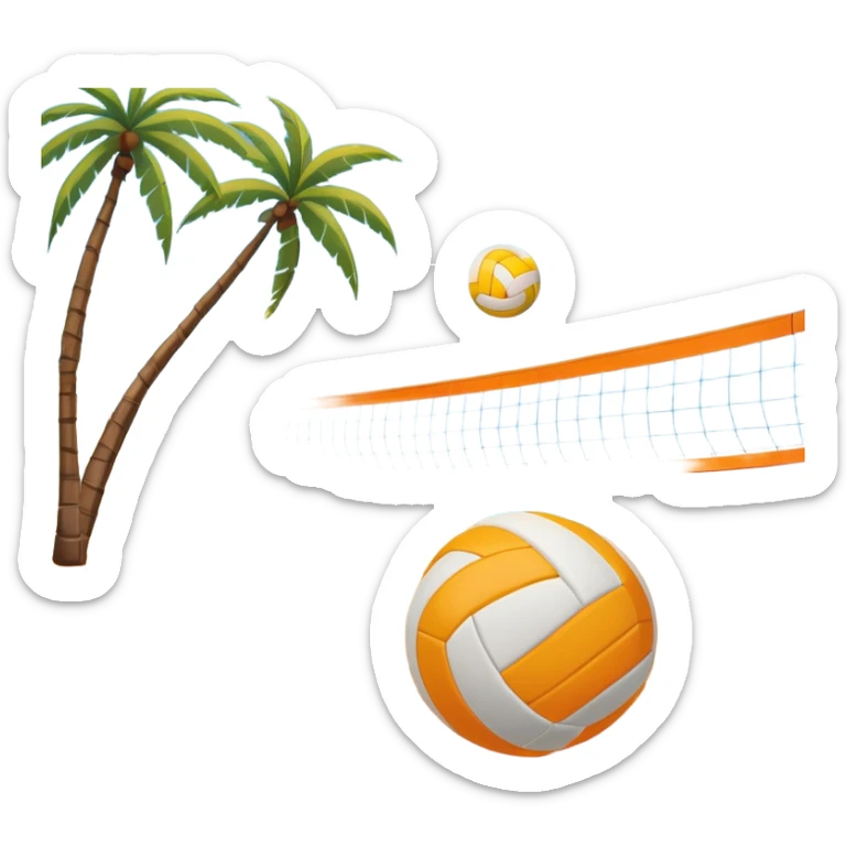 The scene captures an orange sand, sunny sea beach with clear blue sea and sky, palm trees swaying. A volleyball resting on the orange sand ground of a beach, with a volleyball net in the background.  sticker
