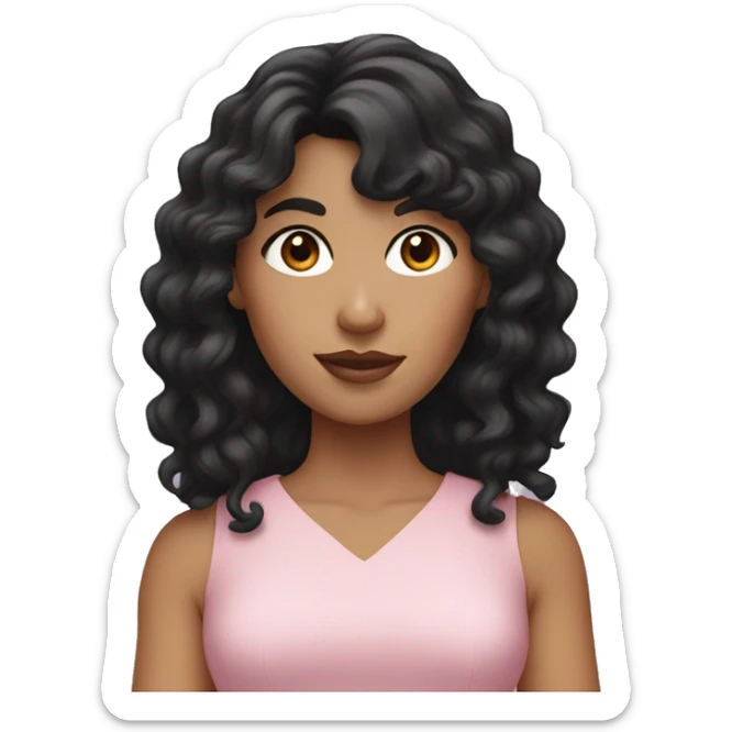 White woman with long black curly hair and bangs and dark brown eyes, wearing a pastel pink dress sticker