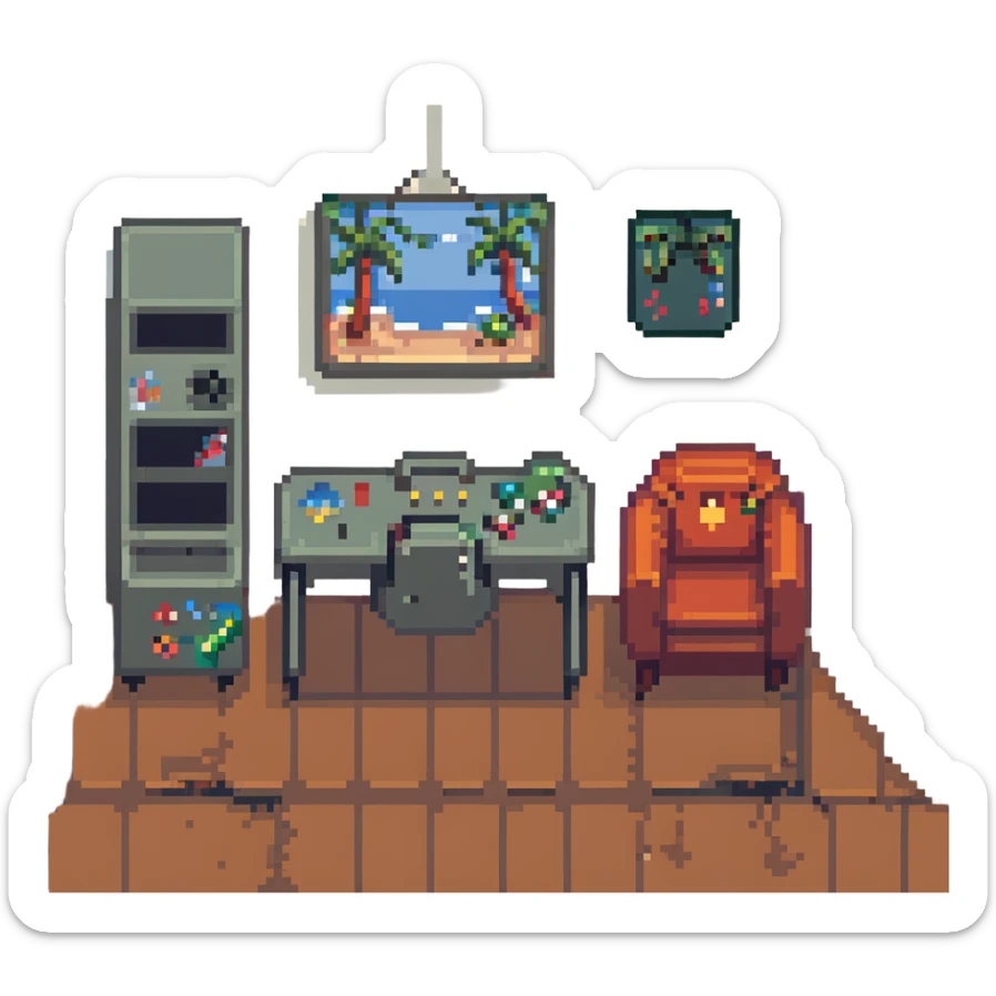 gaming room with gaming chair, desk, and monitors in pixel art style sticker