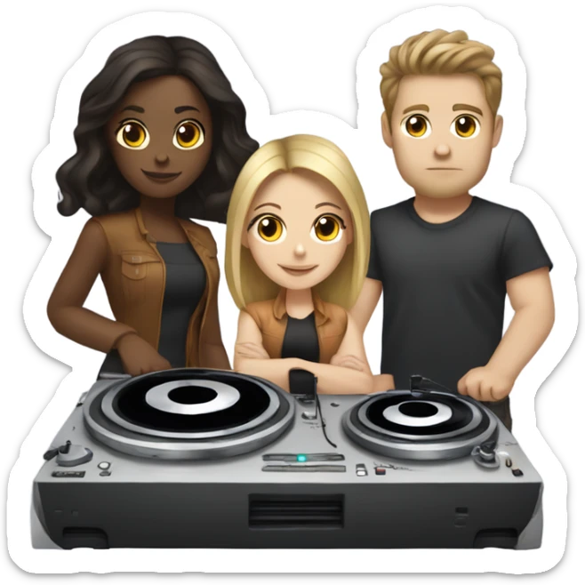 3 people: a white girl with dark hair, a brown girl, and a white guy behind DJ turntables together sticker
