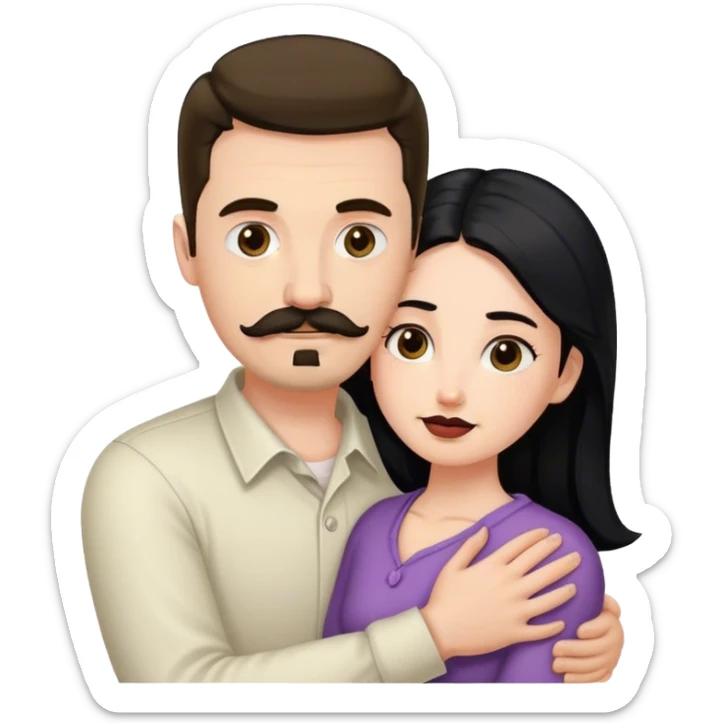 Tall white man with dark brown mustache and goatee hugging a short pale woman with long black hair sticker