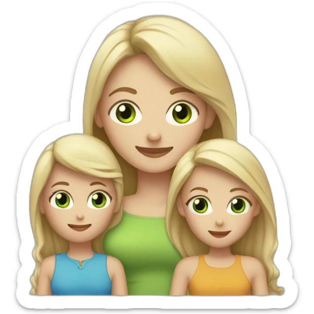 4 people Family . blond girl green eyes, dad (with no hair), mom (long blond hair) and sister with brown hair hud each other sticker