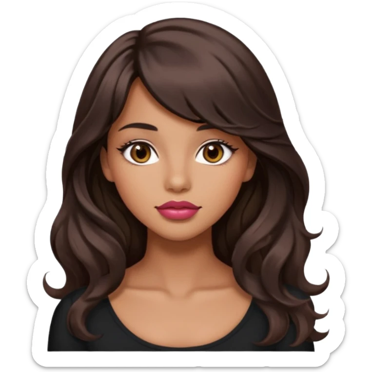beautiful girl with black wavy long hair and side-swept bangs, tan skin, rose-coloured lips and hazel eyes who looks like a model sticker
