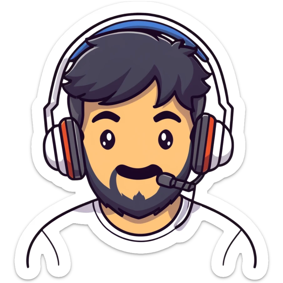 A gamer with black hair, brown eyes, and a black beard wearing a gaming headset with a thankful expression sticker