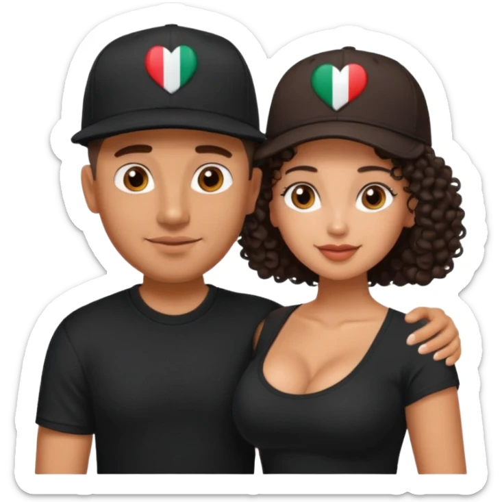 A picture of an embracing tanned couple. the man is a Mexican man with tanned skin, with a bald hair cut wearing a SnapBack hat and a black shirt. the woman has curly dark brown hair, no hat, and with big boobs   sticker