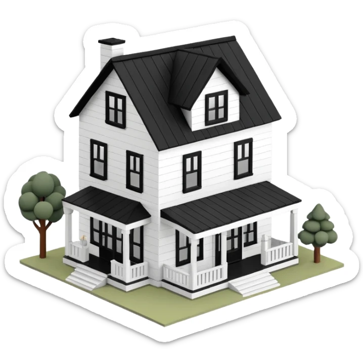 modern farmhouse dollhouse, white with black trim and wooden accents, 3d isometric  sticker