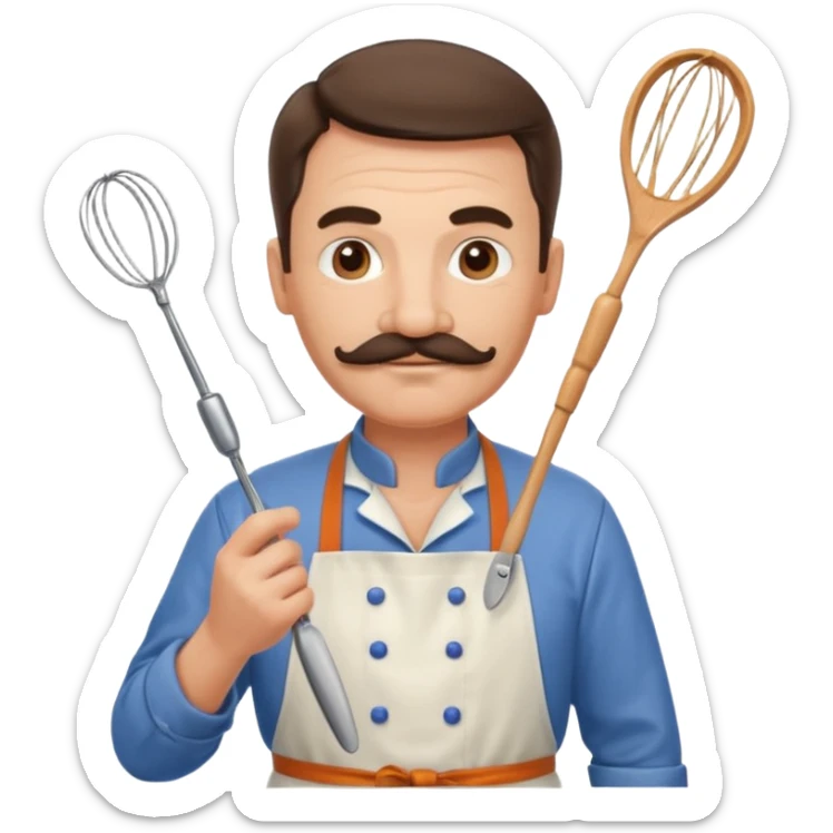 Middle-aged male pastry chef – mustache, wearing apron and whisk in hand
 sticker