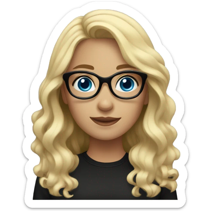 A girl with blonde wavy hair and black glasses with blue eyes and a black shirt sticker