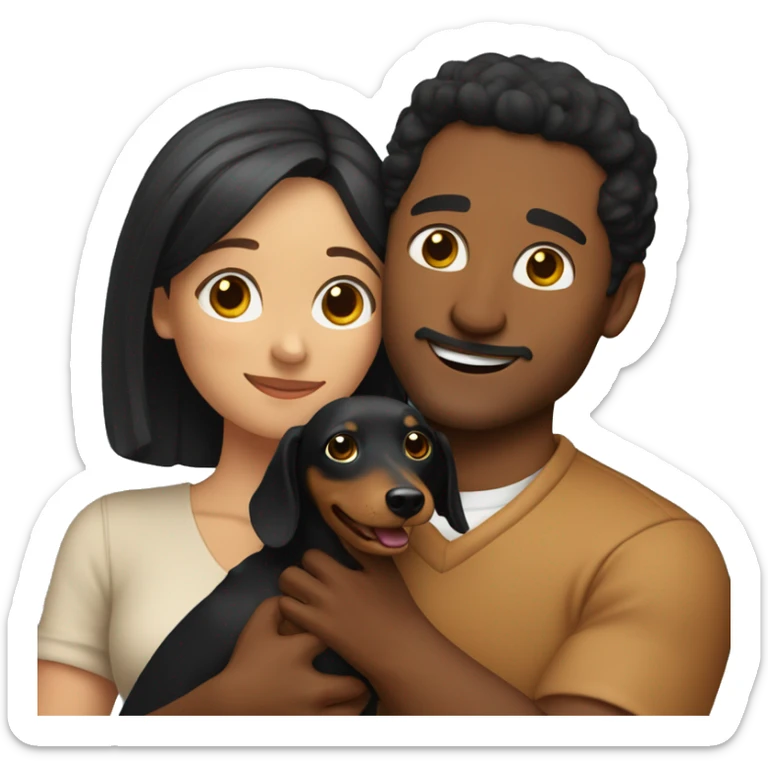A man with black hair and a blonde woman are hugging, and in their hands they have a brown dachshund sticker