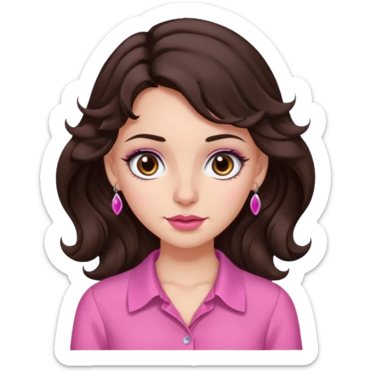 garota branquinha com olhos grandes castanho escuro e cabelo ondulado castanho bem escuro blusa rosinha coquette e piercing do ladinho do nariz  sticker