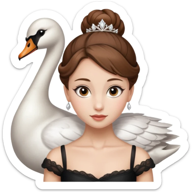 Beautiful lady with fair skin, brown hair, and large hazel eyes. She is wearing a low ballet bun and wearing the ballet costume of The Swan Queen sticker