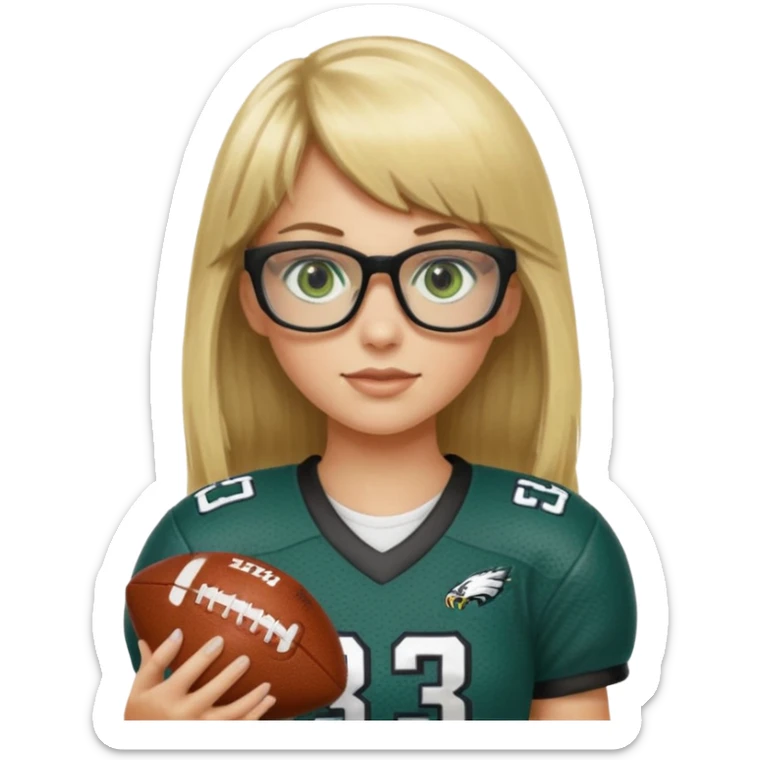 long blonde hair with bangs small black rectangle glasses female green eyes football player wearing eagles jersey number 33 holding football sticker