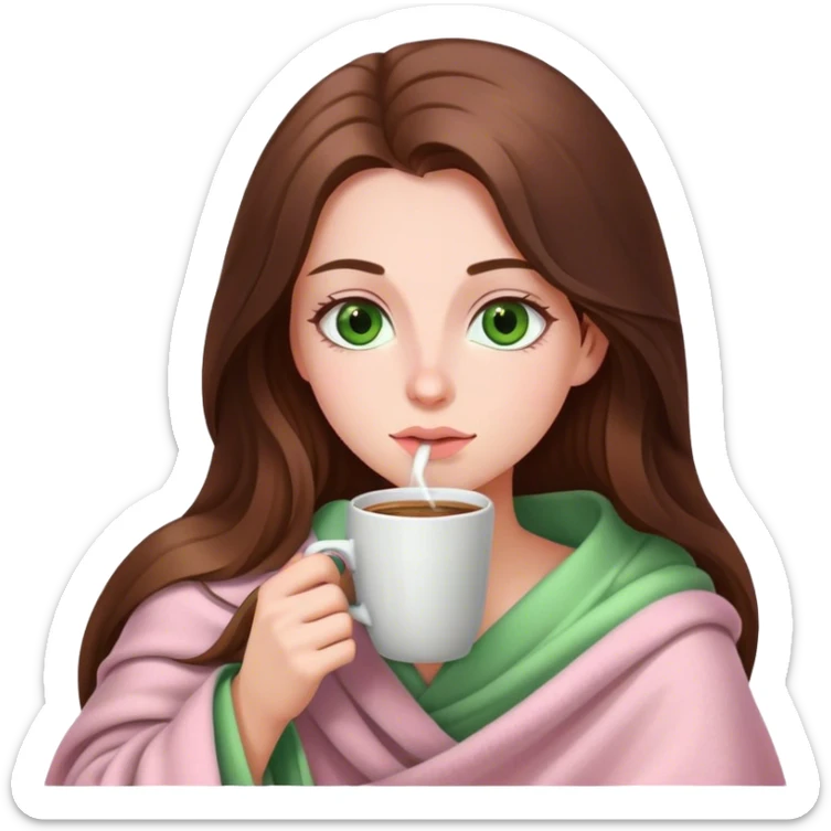 woman with very long brown hair and green eyes in a light pink blanket sipping coffee sticker