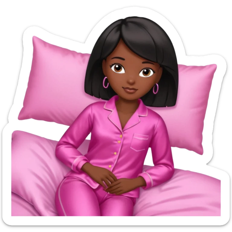 Dark skin Black barbie, short  black bob  hair, pink pajamas in bed sleeping  sticker