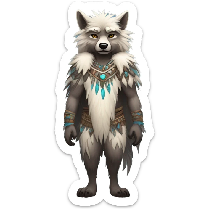 Fluffy Shy Spiritual Shamanic WereWolf With Shiny Tribal Markings wearing feathers Full Body sticker