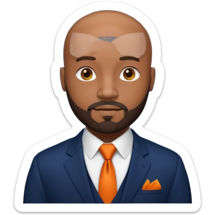 headshot of a sophisticated, stylish, bald head Caribbean black man with a beard and goatee in a navy blue suite, white shirt and dark orange tie sticker