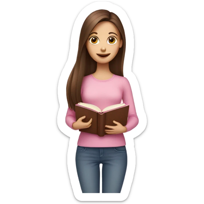 fair-skinned girl with long and straight brown hair holding a baby-pink-colored book sticker