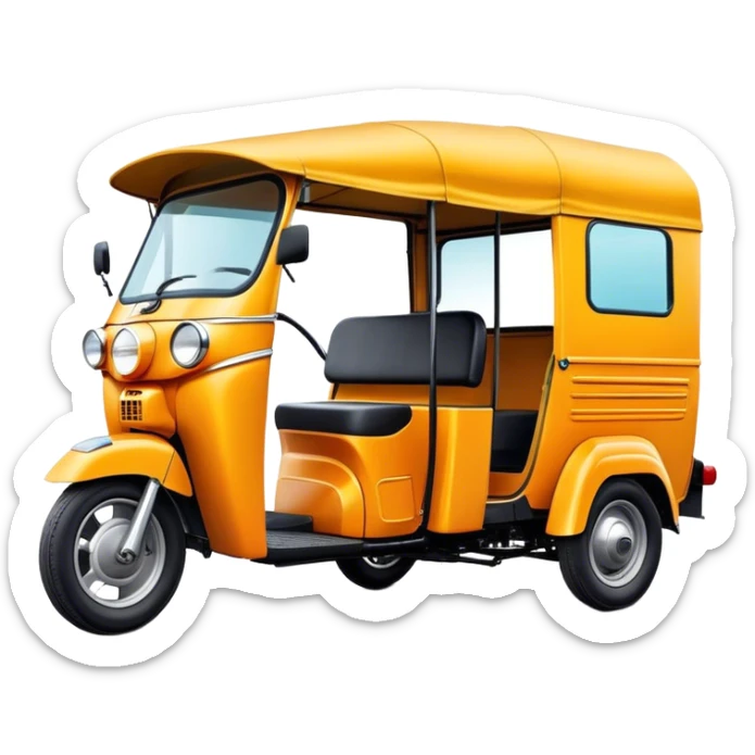 Cinematic Realistic Tuk Tuk Emoji, depicted as a vibrant iconic three-wheeled vehicle with bold colors and a compact design, rendered with crisp textures and dynamic urban lighting that captures its quintessential Thai charm. sticker