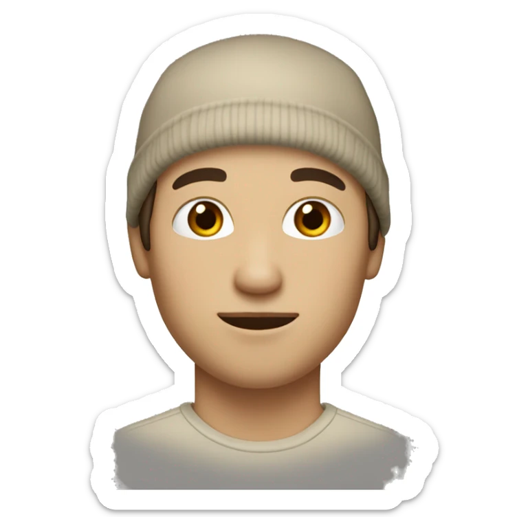 A white person with medium-length dark-brown hair, beige beanie, brown eyes, No body only head, face. sticker