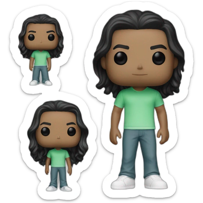 Young 18 years old boy, white, black hair, green eyes, long surfer hair, as a funko pop full fbody sticker