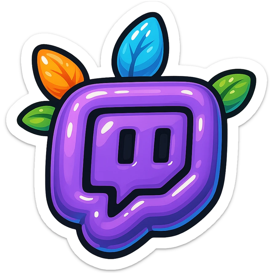 Chunky, smooth, and glossy Twitch logo, cartoon style, bold outline, strong shadows, bright highlights, decorated with colorful leaves, no background. Extra attention to contours and shine, in the style of the reference image, but even more rounded. sticker