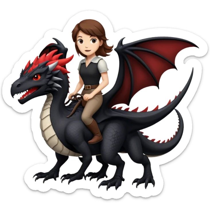 Me, a white female with brown hair, riding a black wyvern with a tiny bit of red that has only two legs to your work sticker