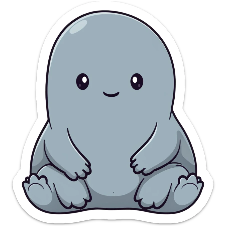 Zhdun (The One Who Waits), a cute gray blob-like creature with wrinkled skin, no neck, tiny hands resting on lap, patiently waiting sticker