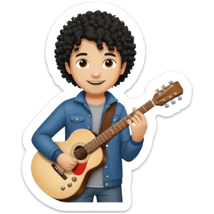 A boy with black fade curly hair Smiling and holdijg a guitar  sticker