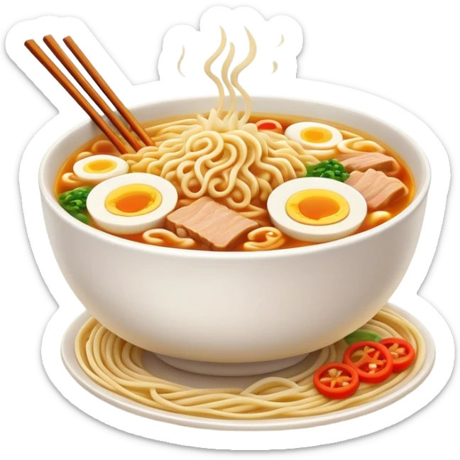 Cinematic Realistic Ramen Dish Emoji, showcasing a steaming bowl of rich broth with noodles and toppings rendered with dynamic textures and inviting, warm lighting. sticker
