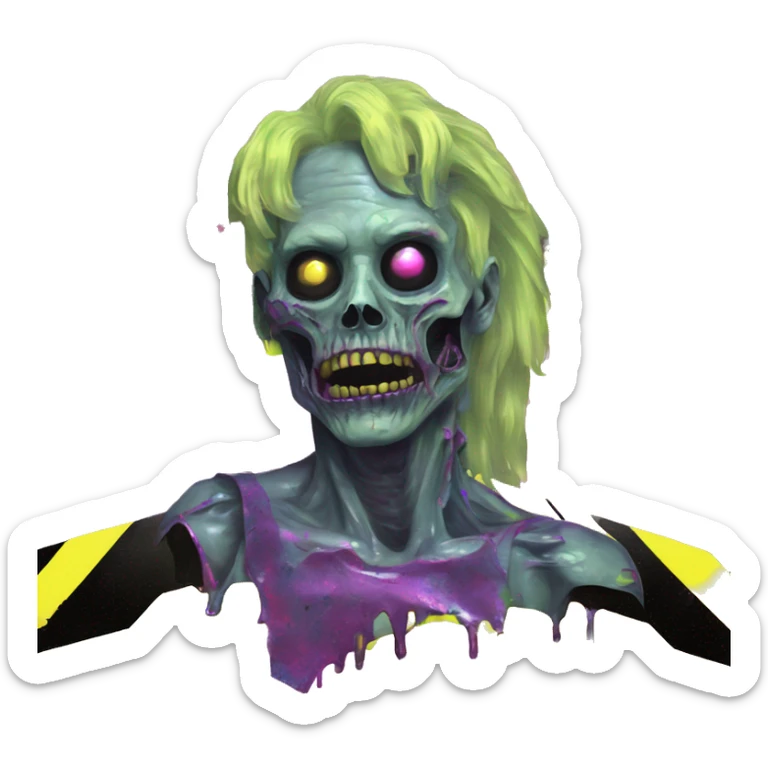 .Zombie_ with prosthetic armVaporwave black holographic oilslick zombie unicorn yellow caution tape sticker