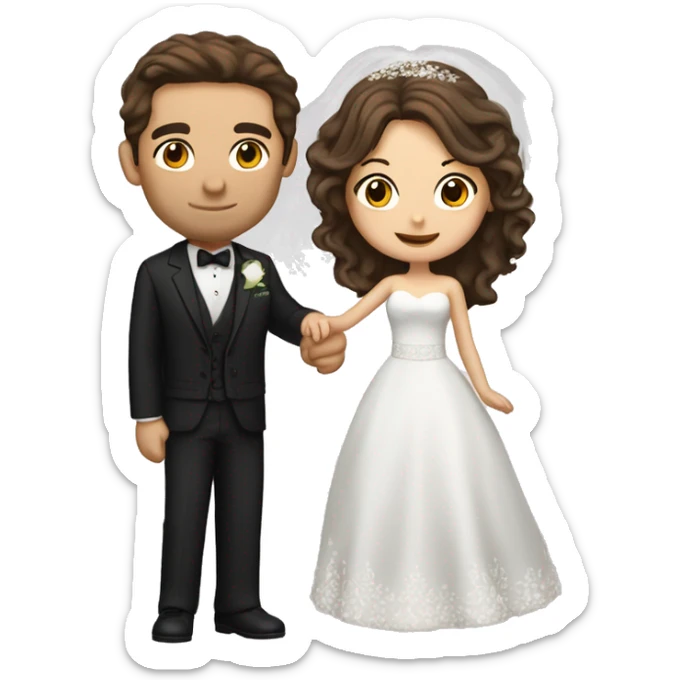 Bride with brown hair and groom with dark hair. Both are Caucasian. Groom isa little taller than the bride. They are dancing  sticker