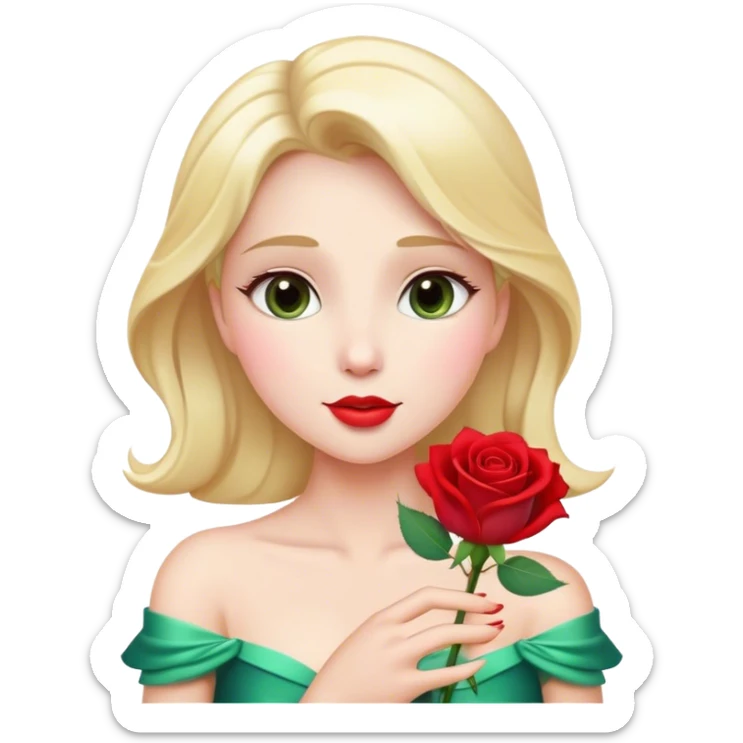 Cinematic Elegant Aurora Portrait Emoji, Delicately holding a single red rose, gazing with soft wonder, lips gently parted as if about to sing, the picture of grace and elegance, glowing with royal charm! sticker