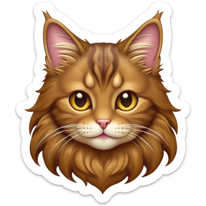 Cinematic Cute Brown Maine Coon Cat Portrait Emoji, Head tilted playfully with a touch of sass, sleek brown and gold fur with a majestic mane, Simplified yet hilariously adorable features, highly detailed, glowing with a warm, confident glow, high shine, mischievous yet lazy, stylized with a touch of playful whimsy, bright and endearing with a comical expression, soft glowing outline, capturing the essence of a quirky yet loving and lazy kitty, so meme-worthy it feels like it could stretch out of the screen and demand attention in the most dramatic way! sticker