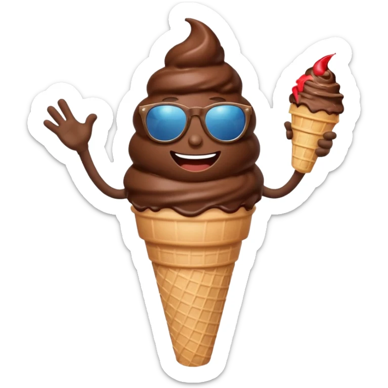 A chocolate icecream, with legs, arms, and a face. It can be seen wearing sunglasses sticker