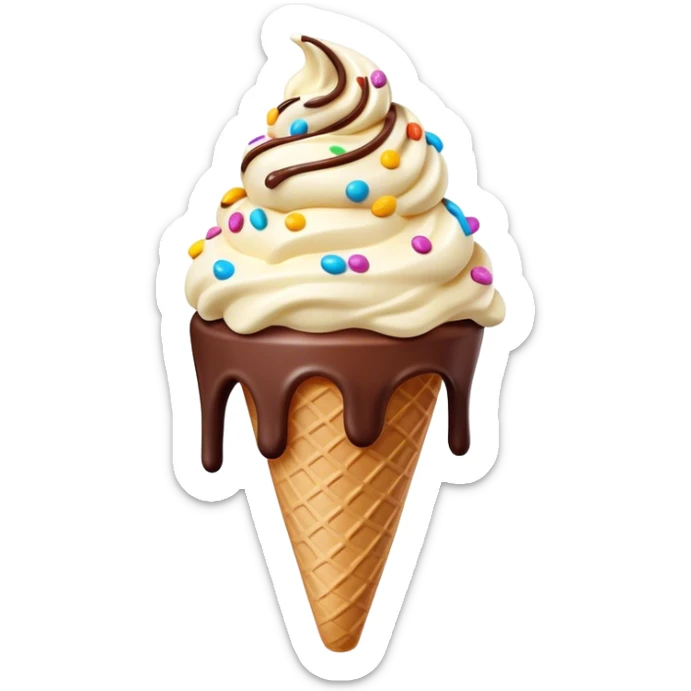Cinematic scoop of rich, creamy ice cream, slightly melting, smooth swirls of chocolate and vanilla, colorful sprinkles on top, warm glowing background, playful and inviting. sticker